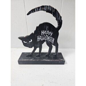 Black Cat Standing "Happy Halloween" Sign Distressed Weathered Finish